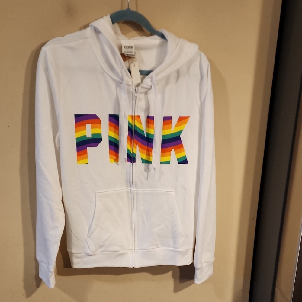 PINK Victoria's Secret White Hoodie with Rainbow Logo